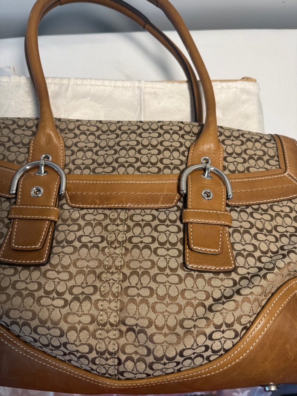 Coach Brown Signature Canvas Shoulder Satchel with Tan Leather Trim - Picture 7 of 13